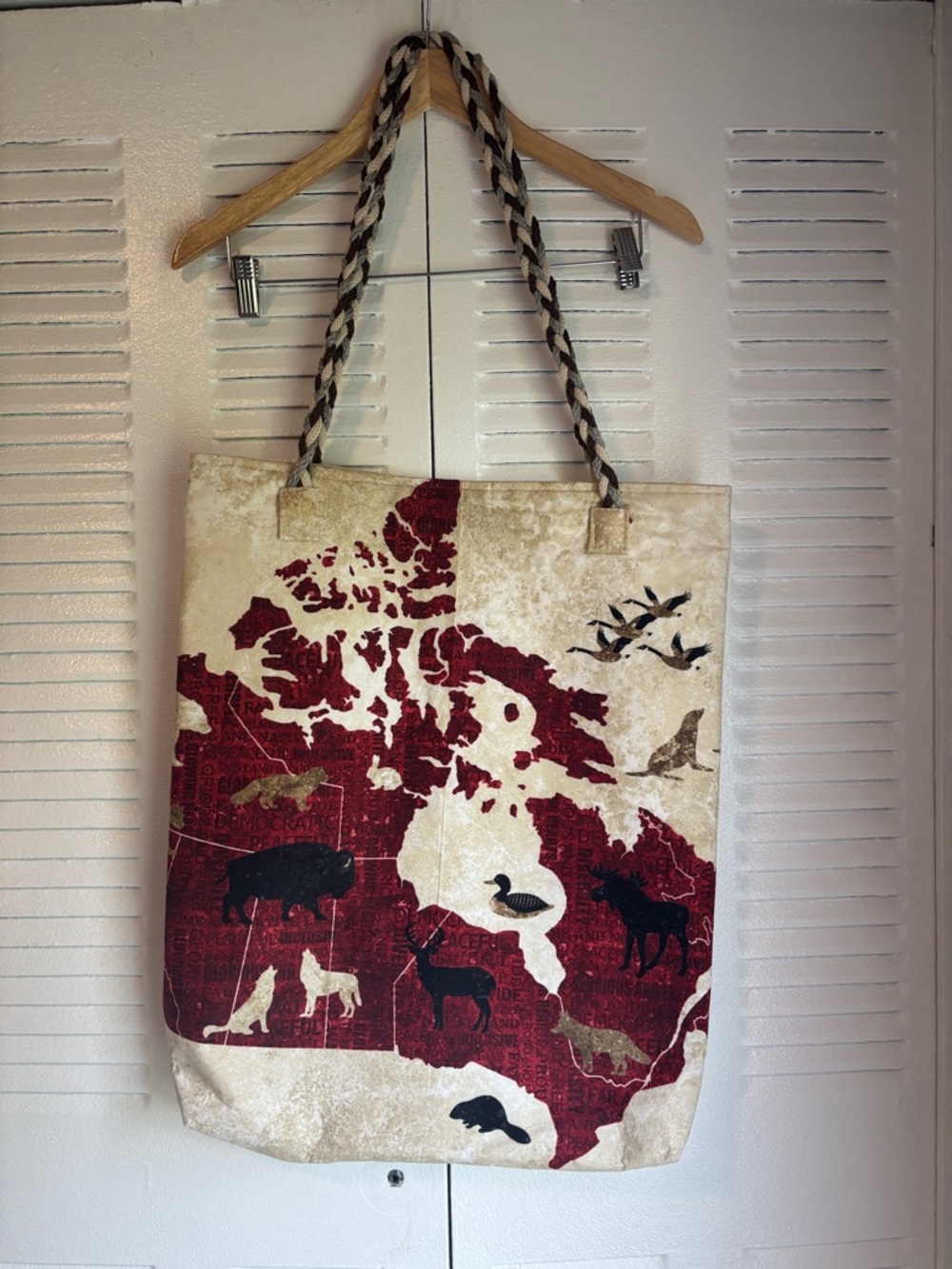 Boho Canada Map Tote Bag Double Face Braided Handle Rustic Chic - Picture 2 of 8
